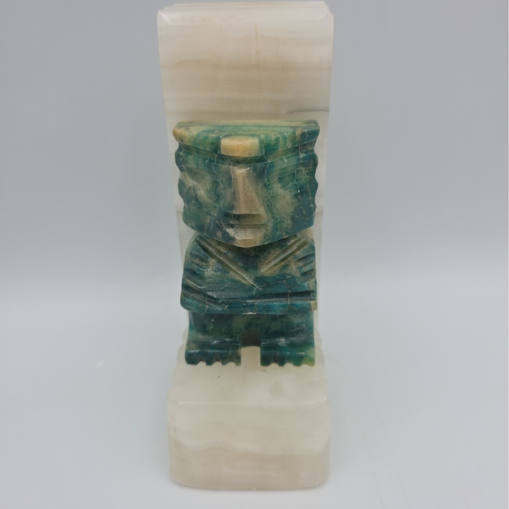Vtg Carved Aztec Mayan Tiki Stone Bookends Onyx White 5" tall